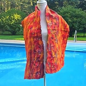 Scarf Handcrafted Wool and silk NWT 60"x12"  Fall Oranges Red Brown Beautiful!